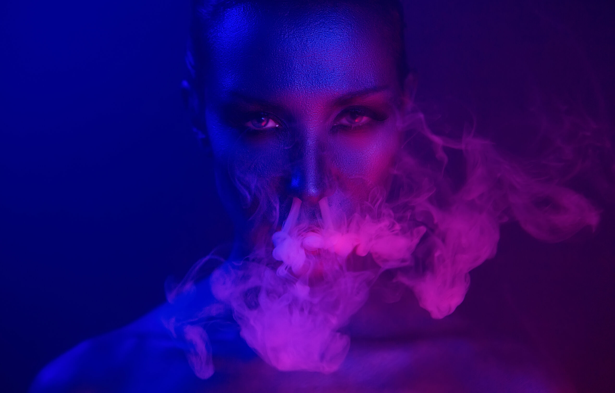 Neon,Night.,Halloween,Vape,Party.,Beautiful,Sexy,Young,Vamp,Woman